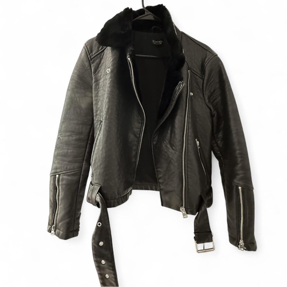 Topshop Black Leather Jacket with Fur Trim - Picture 2 of 10